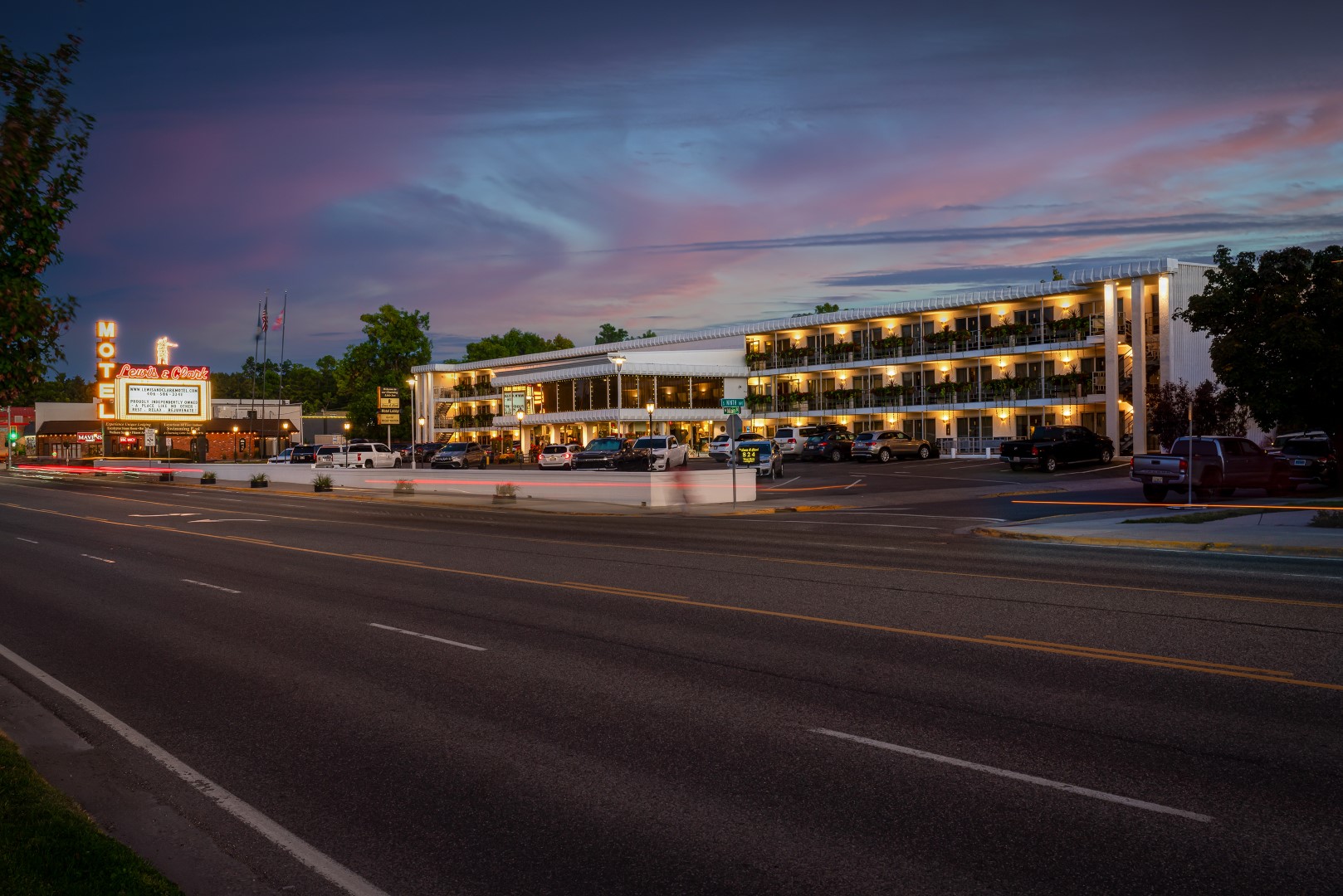 The Lewis & Clark Motel at dusk on Main Street, Bozeman