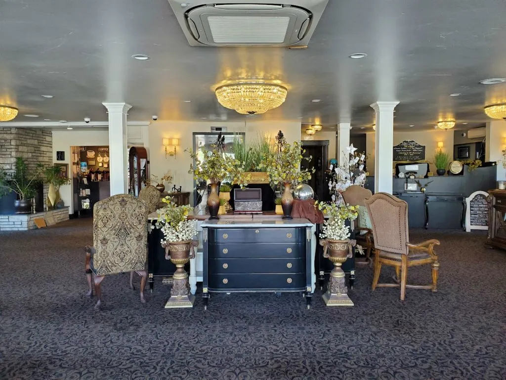 The lobby under its crystal chandelier